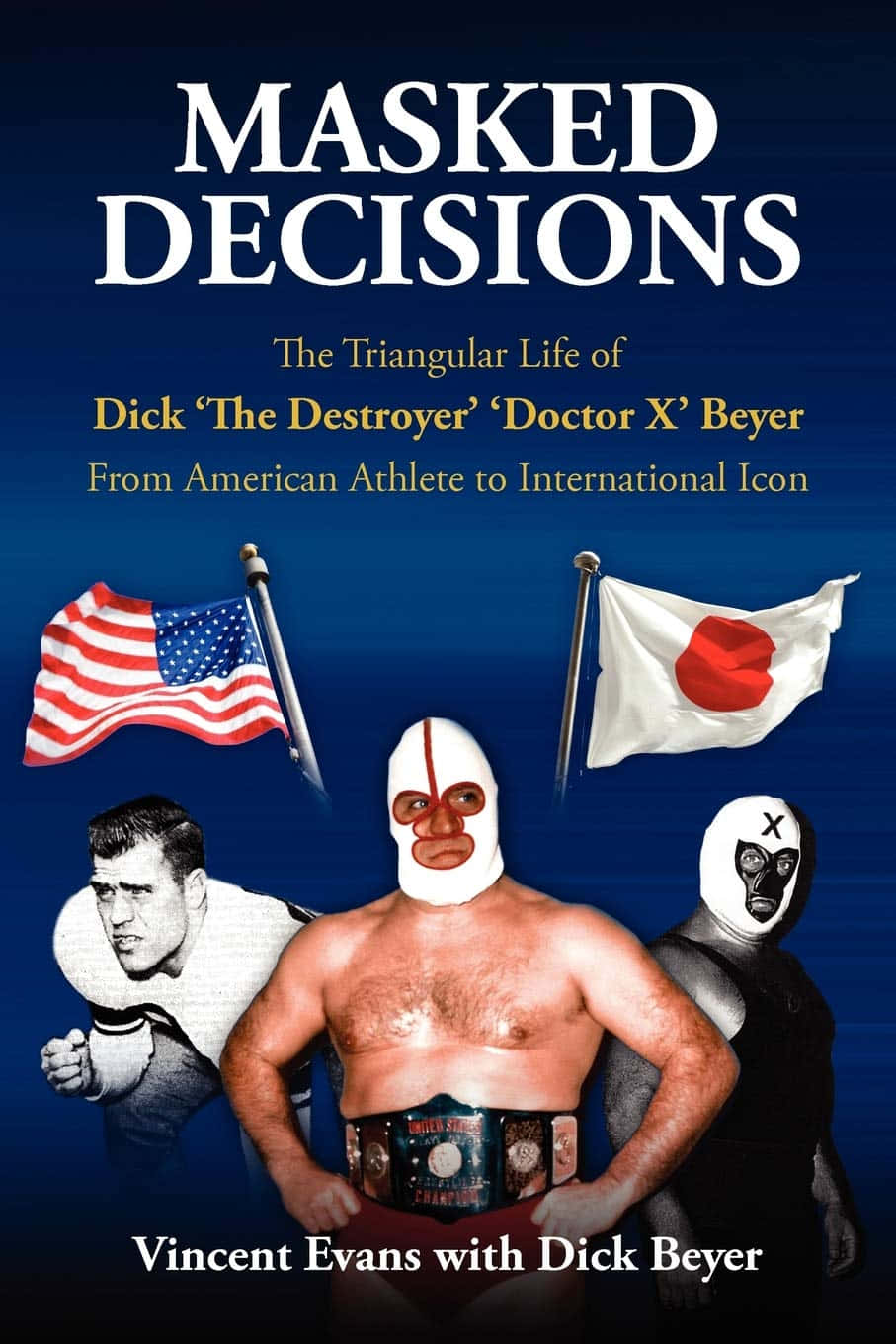 書籍封面，展示一位蒙面摔角手與美國和日本國旗。