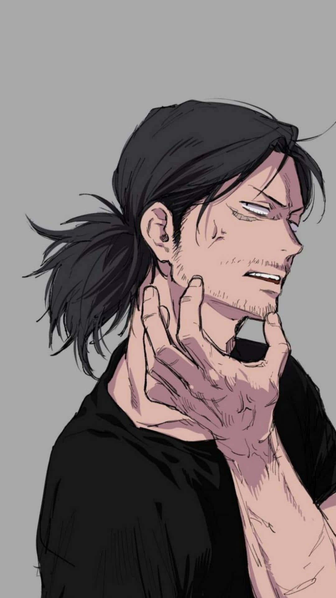 黑色馬尾的動漫男人因疼痛抓著脖子。
