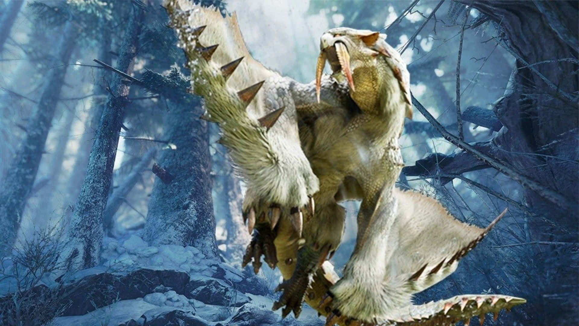 揭開命運，於《怪物獵人：世界》中狩獵怪物 壁紙 — 一隻白色毛茸茸、長有尖刺翅膀和鋒利爪子的怪物在雪地森林中咆哮。