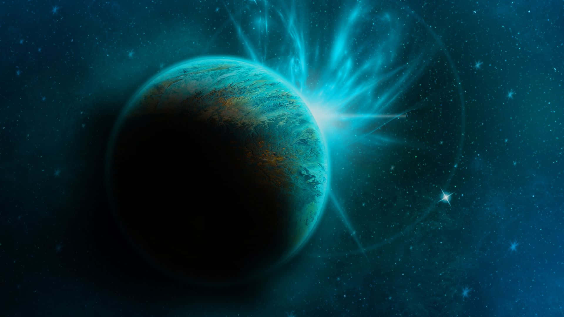 一顆藍色行星帶有發光的極光，在佈滿星星的太空場景中。