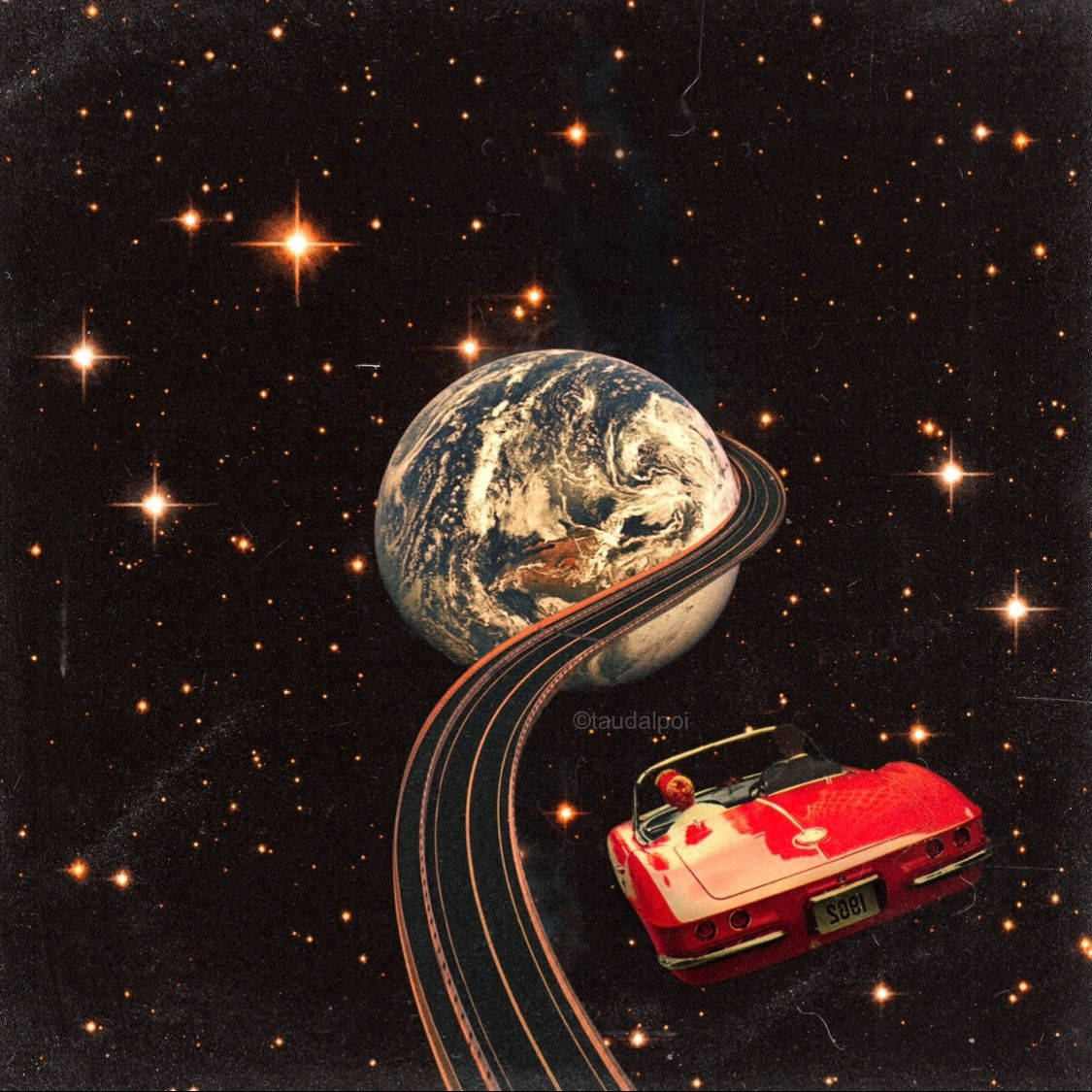 紅色復古車在太空中繞地球軌道行駛。