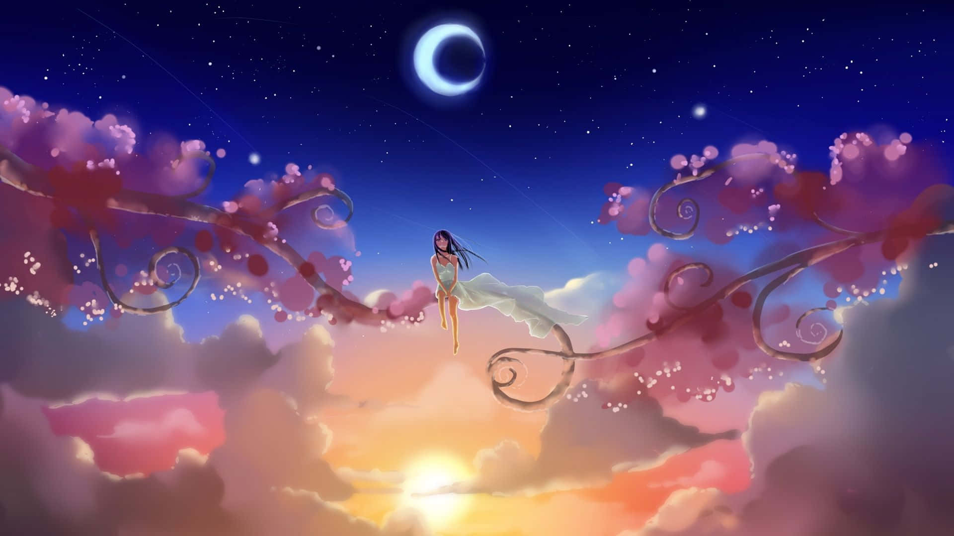 揭開宇宙的奧秘 壁紙 — 一個孤獨的動漫女孩穿著飄逸的長袍，優雅地坐在兩根盛開的樹枝之間，背景是帶有新月黃昏的天空。