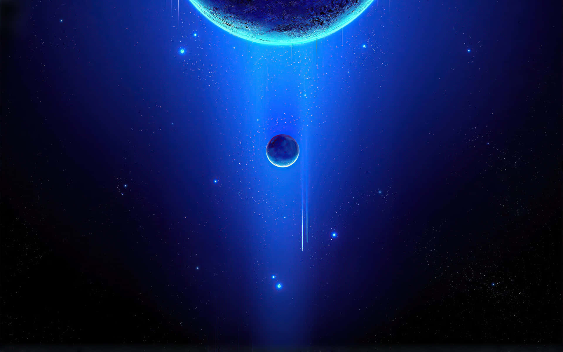 一顆發光的藍色行星，光束向下射向一個較小的行星，背景是星光點點的虛空。