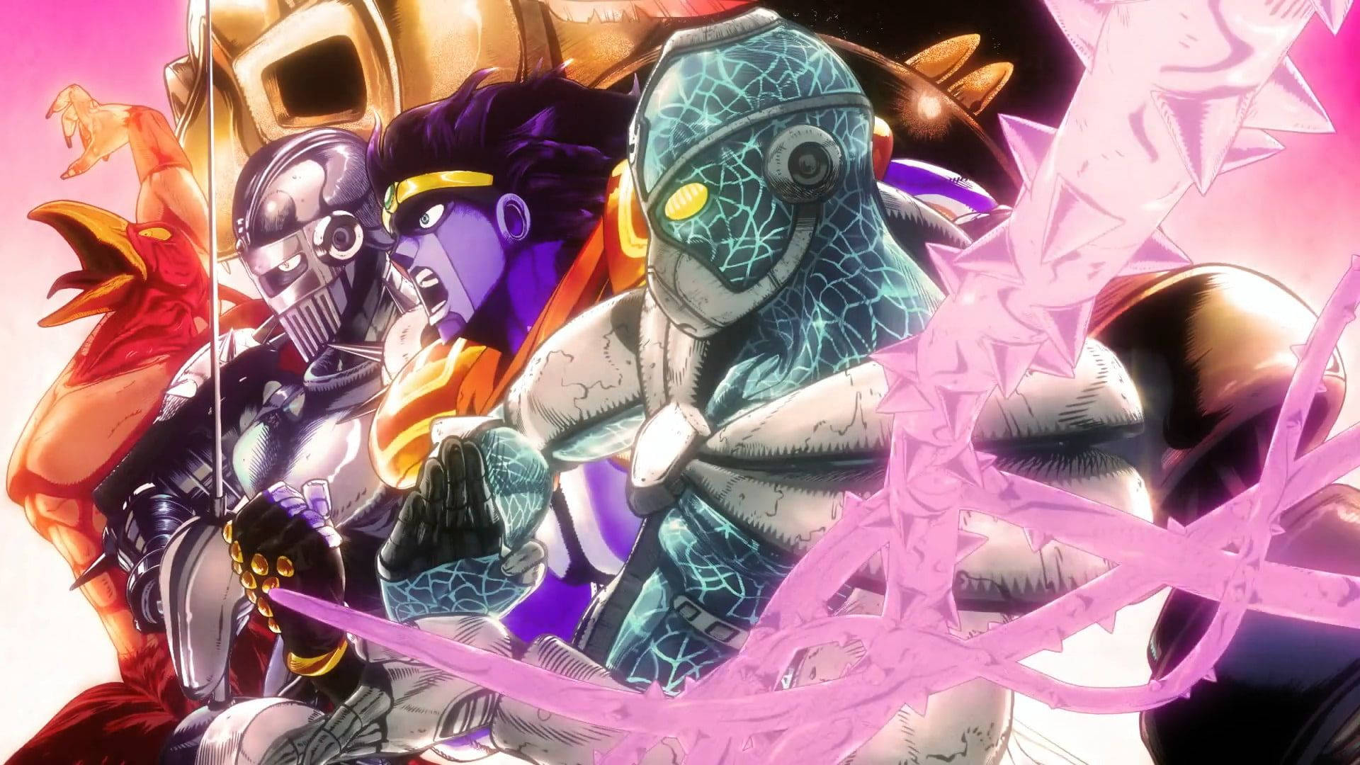 揭開宇宙的奧秘，探索 JoJo 的站點力量 壁紙 — 動漫角色在戰鬥中，帶有發光的粉紅色能量和破裂的盔甲，背景是充滿活力的粉紅色和紫色。
