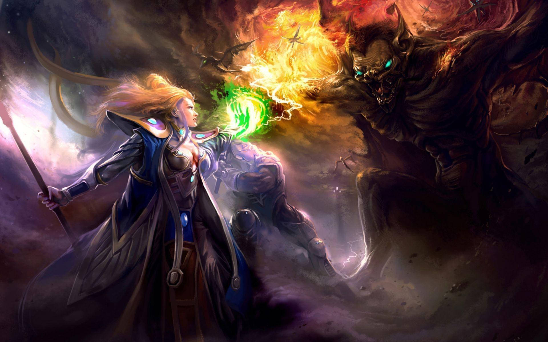一位女法師在黑暗暴風雨中，用發光的魔法與惡魔生物戰鬥。