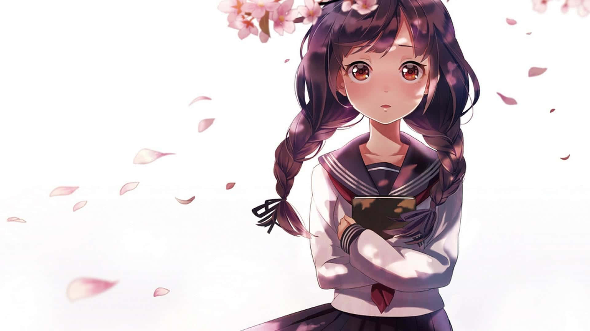 揭開日式動畫的奇幻世界 壁紙 — 一個穿著校服的年輕動漫女孩站在飄落的櫻花下，柔軟的粉紅色花瓣在她周圍飄揚。