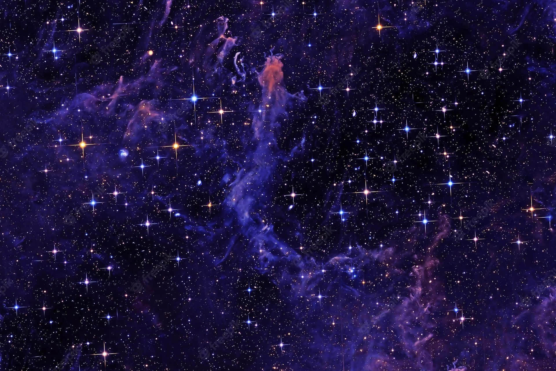一個充滿閃爍星星和紫色雲團的宇宙星雲，位於深空之中。
