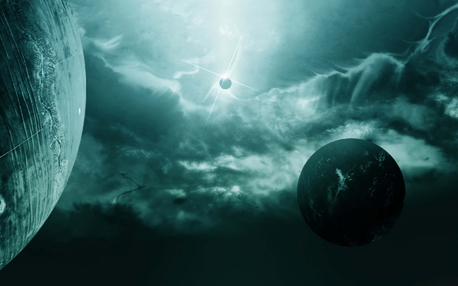 揭開更深層的理解 壁紙 — 一個宇宙場景，兩顆行星漂浮在青綠色的天空下，一顆明亮的星星穿過旋轉的雲層。