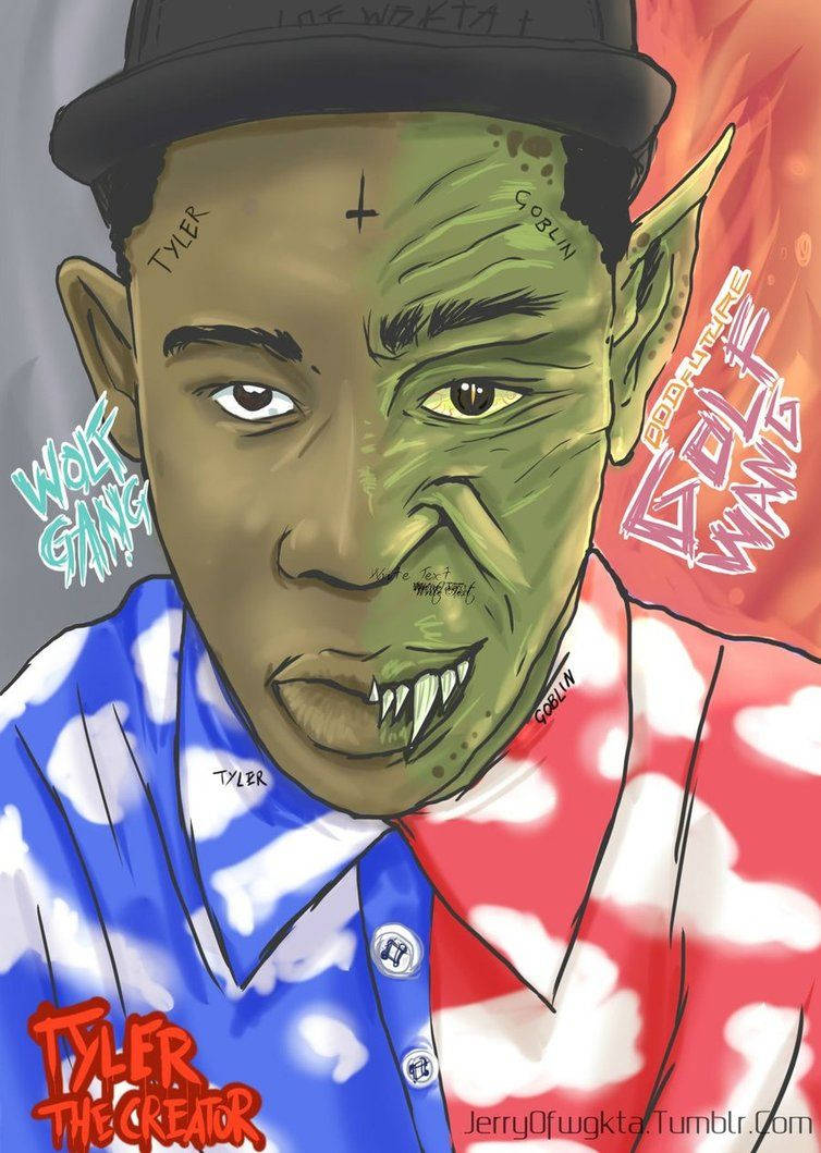 Tyler the Creator 被描繪成哥布林，半邊臉綠色且有獠牙。
