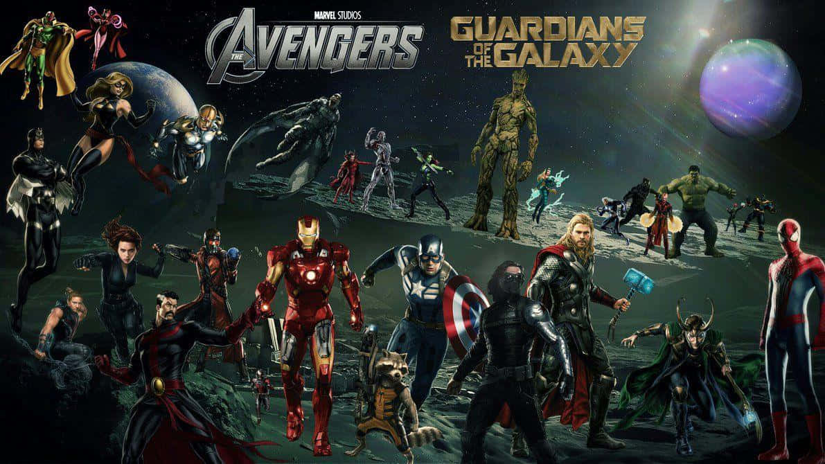 來自復仇者聯盟和銀河守護隊的Marvel超級英雄在太空中英勇擺姿勢。