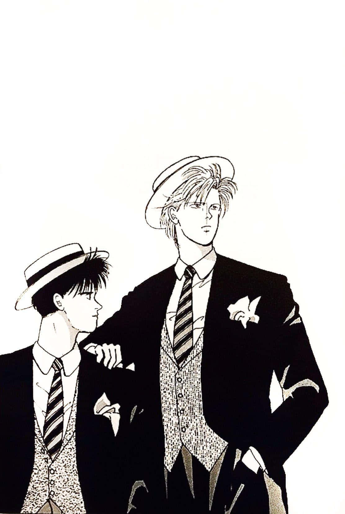 「揭開真相」——《Banana Fish》 壁紙 — 兩位時尚的動畫男士身穿西裝和帽子，自信地站在純白色背景前，線條和陰影細節豐富。