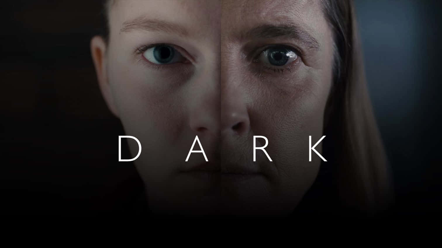 女人面孔的特寫，眼睛強烈，並疊加了DARK這個詞。
