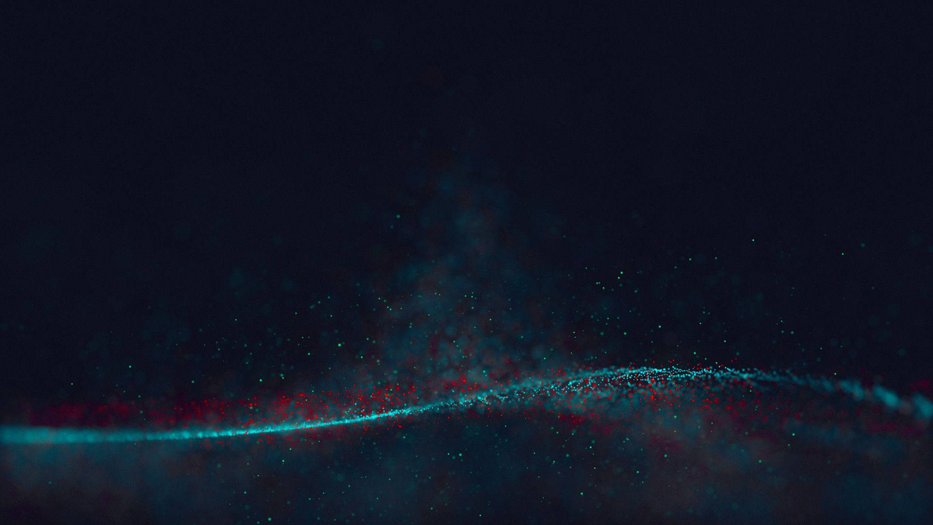 揭開科學的魔法 壁紙 — 一道發光的青綠色和紅色粒子波浪流過黑暗的宇宙虛空，散佈著斑點。