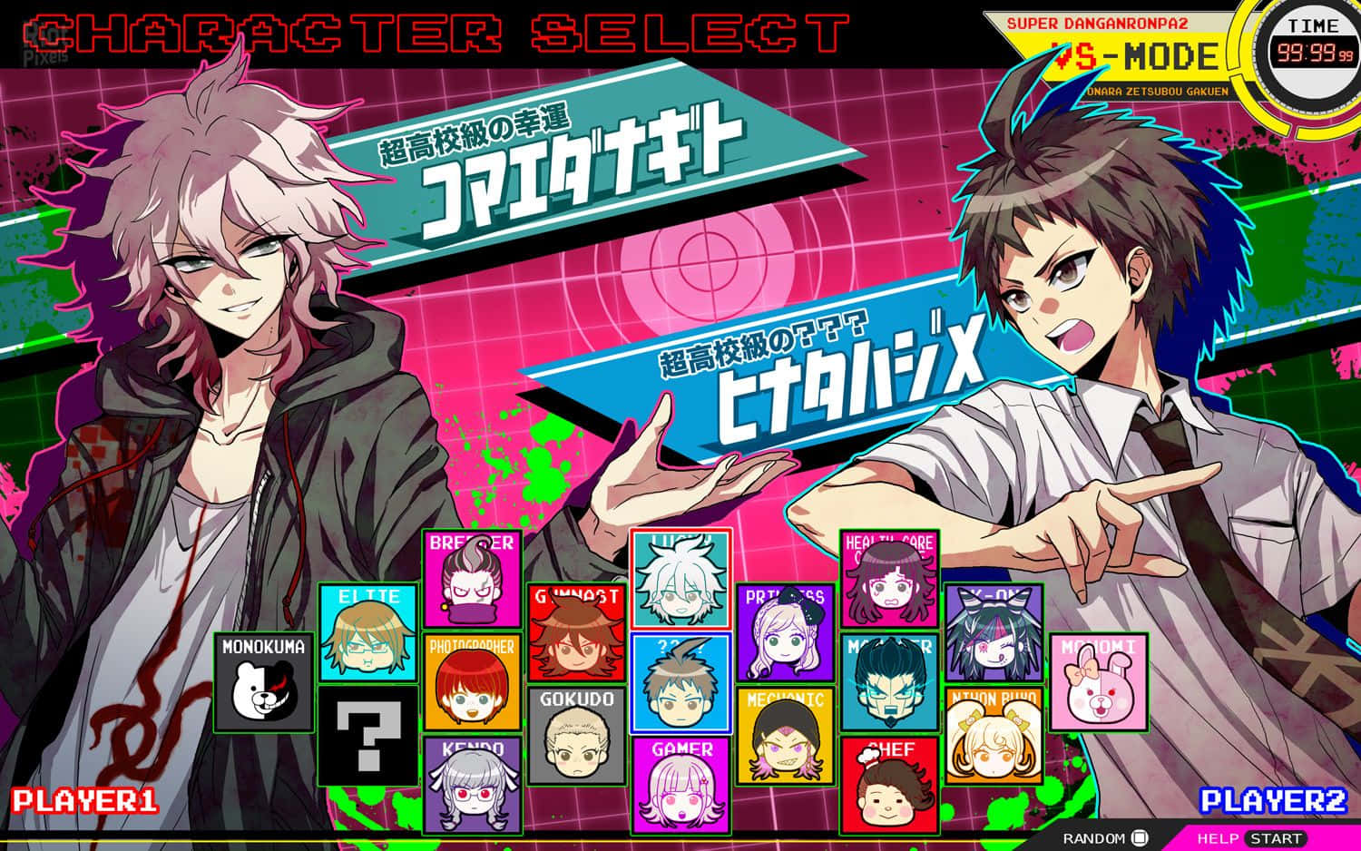 動漫遊戲角色選擇畫面，包含兩個主要角色和可玩頭像網格。