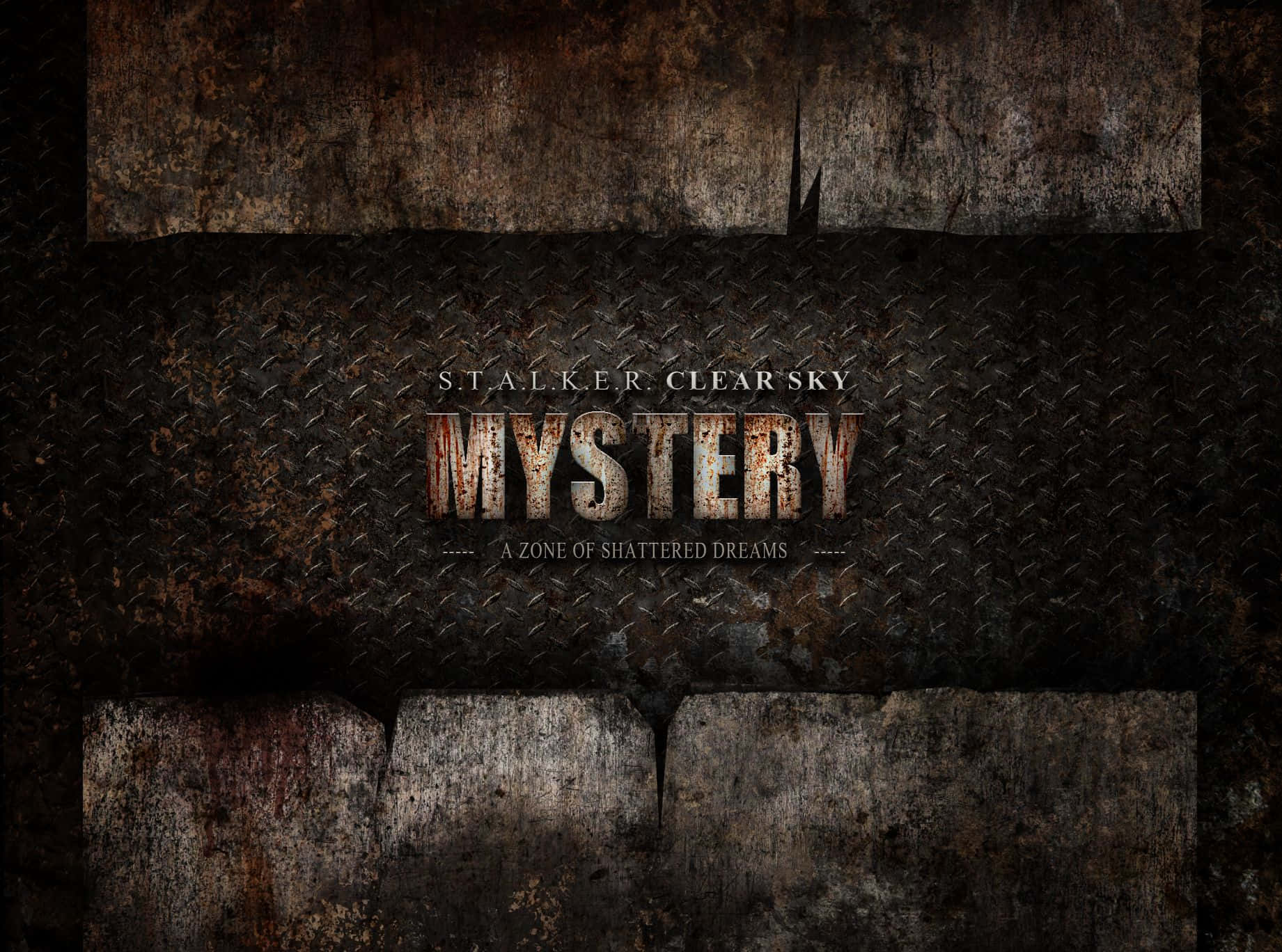 揭開謎團 壁紙 — 生鏽金屬板上帶有「MYSTERY」文字，採用粗獷工業風格，背景為深色紋理。