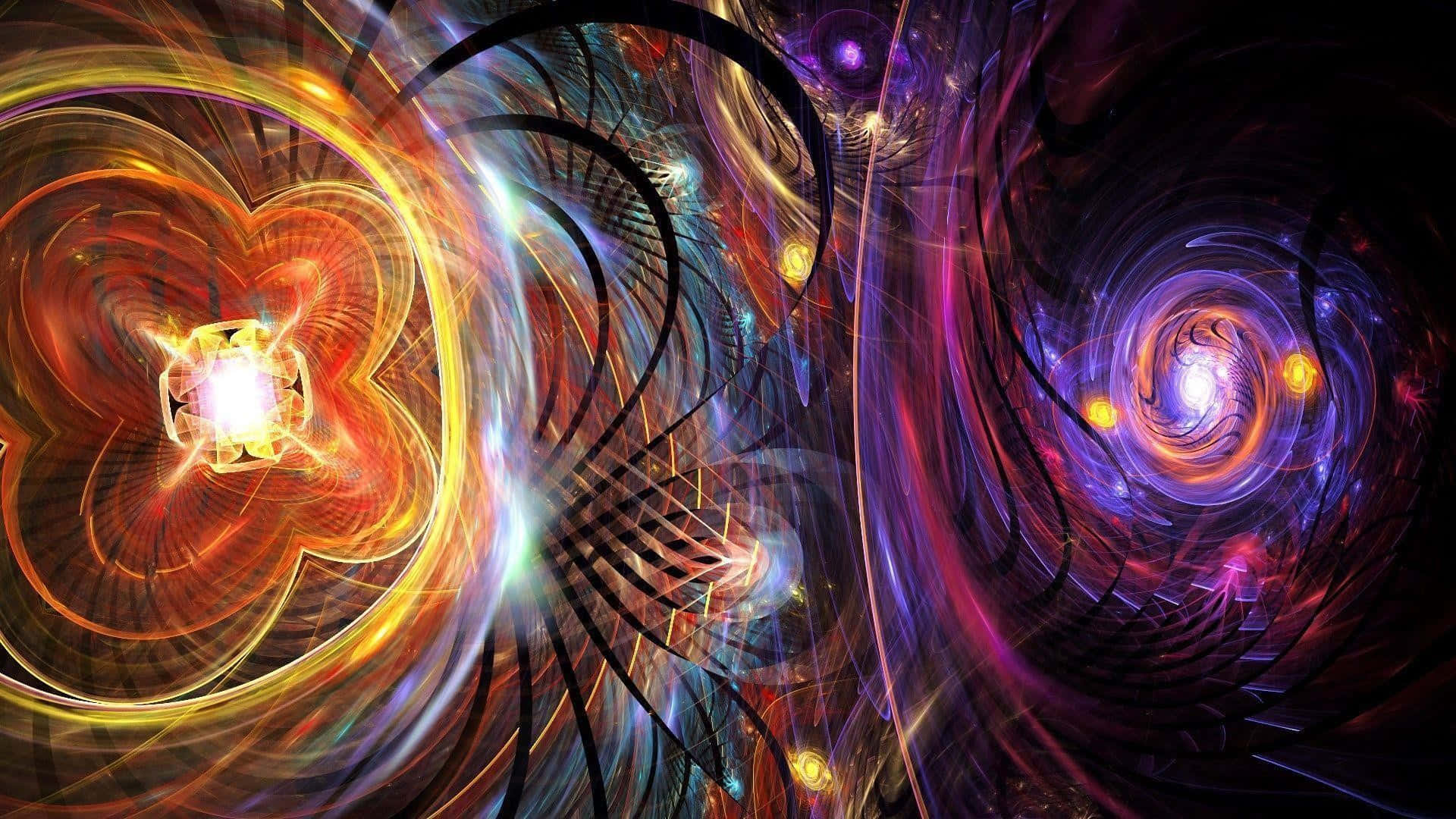動態的分形圖案在火橙色和宇宙紫色中旋轉，營造出數位隧道效果。