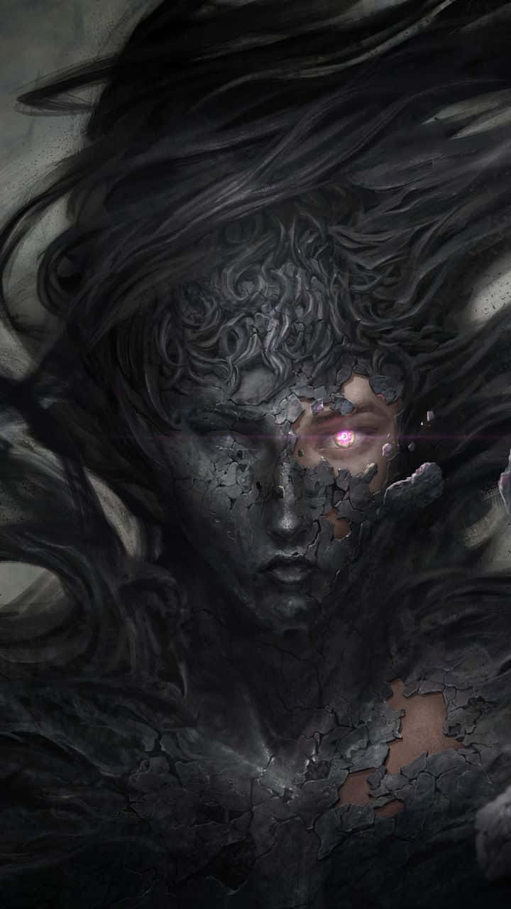 揭開黑暗惡魔的神秘面紗 壁紙 — 一幅令人難忘的數碼藝術肖像，描繪一位黑髮女子，裂開的石膚露出發光的粉紅色眼睛。