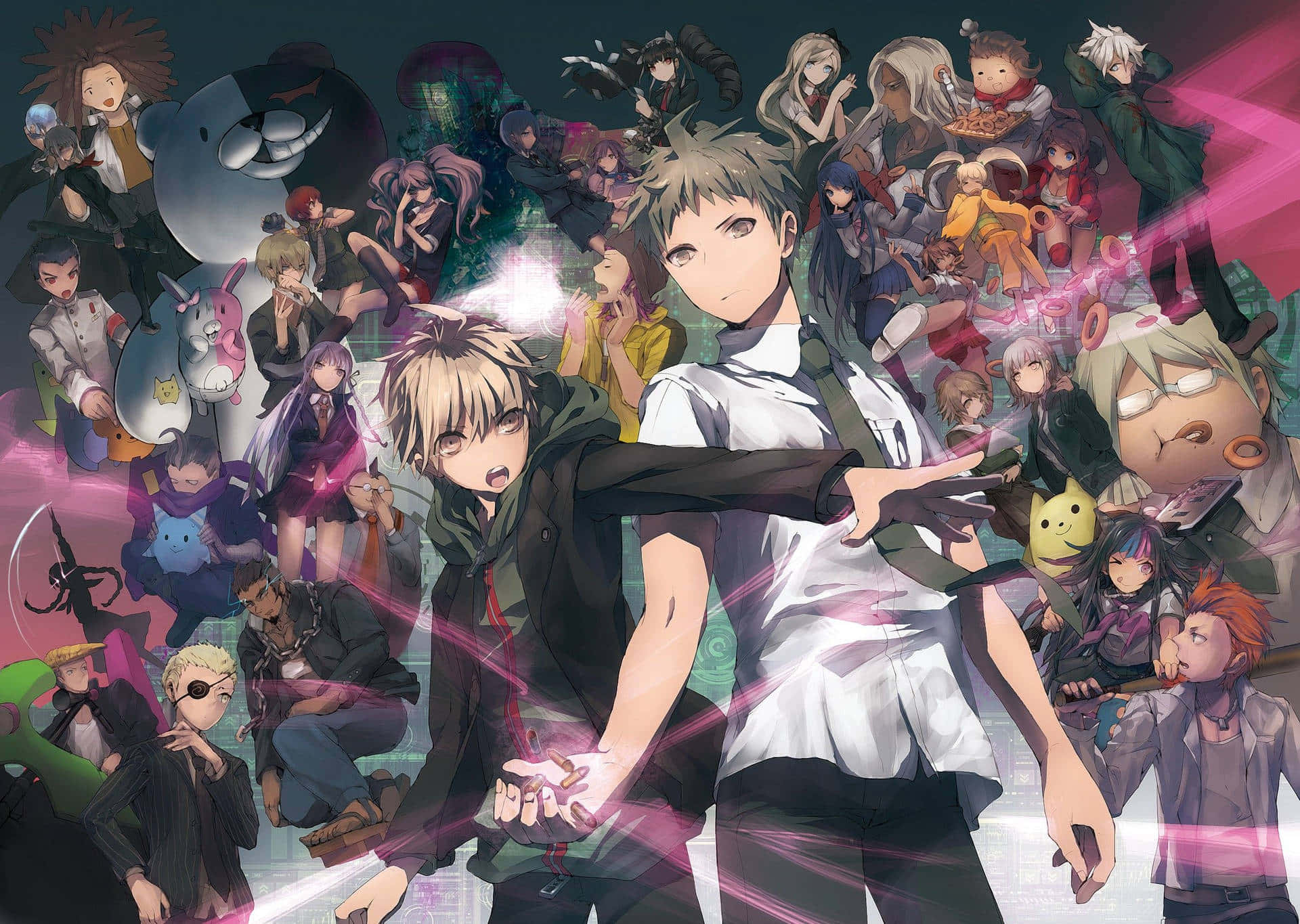 揭露Danganronpa最強偵探——由崎司 壁紙 — 一幅充滿動感的動漫插圖，以一個男性角色為中心，周圍環繞著多樣化且表情豐富的動漫角色，構成一個充滿活力的動作場景。
