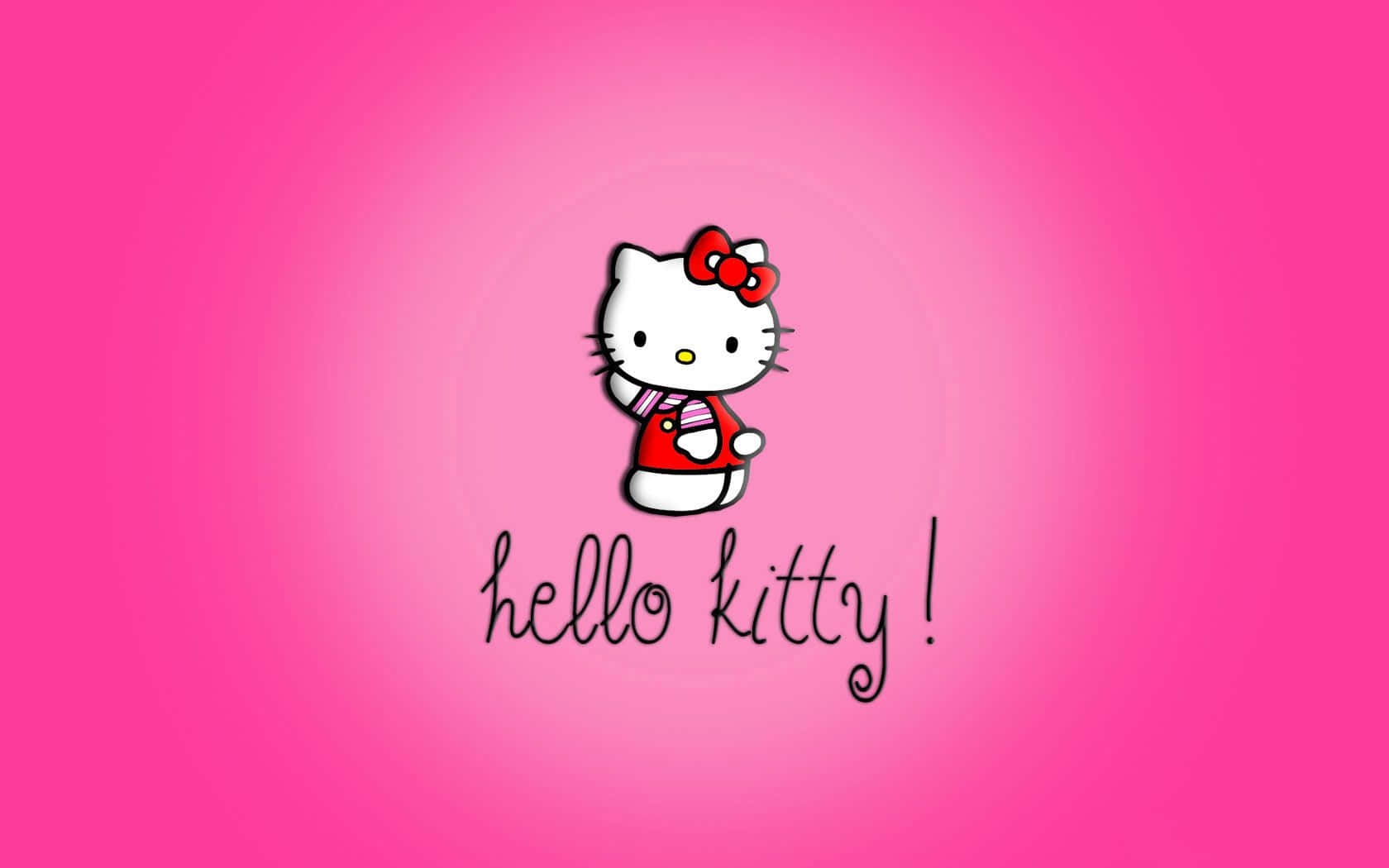 揮手可愛粉紅Hello Kitty 壁紙 — Hello Kitty 卡通角色身穿紅色服裝並戴著蝴蝶結，站在充滿活力的粉紅色漸變背景中央。