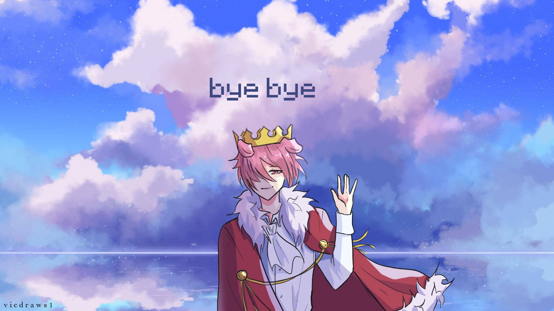 粉紅色頭髮、戴著皇冠的動畫角色在星空下揮手告別。 — Technoblade GIF 壁紙