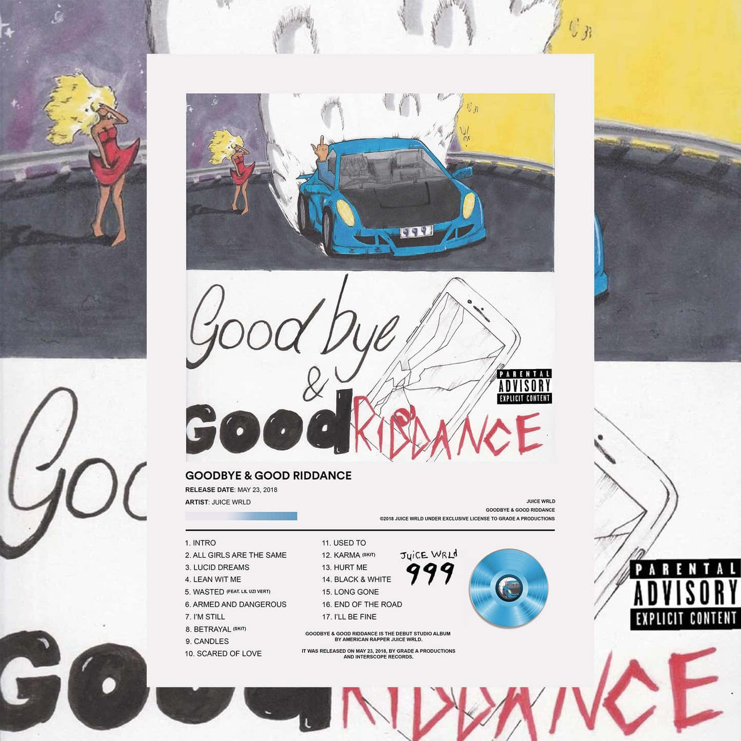 Juice WRLD 的《Goodbye & Good Riddance》專輯封面，有藍色汽車和金髮女郎。