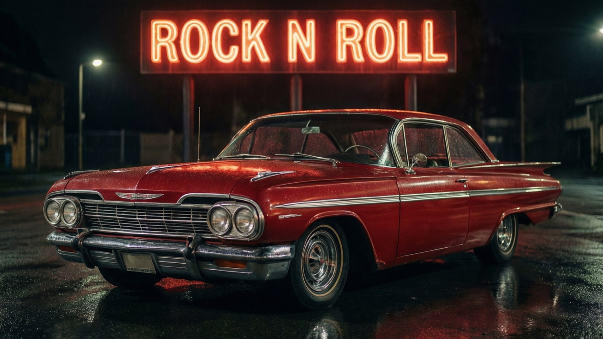 搖滾之夜 壁紙 — 一輛復古紅色汽車在潮濕的夜街上，在發光的「ROCK N ROLL」標誌下閃閃發光。