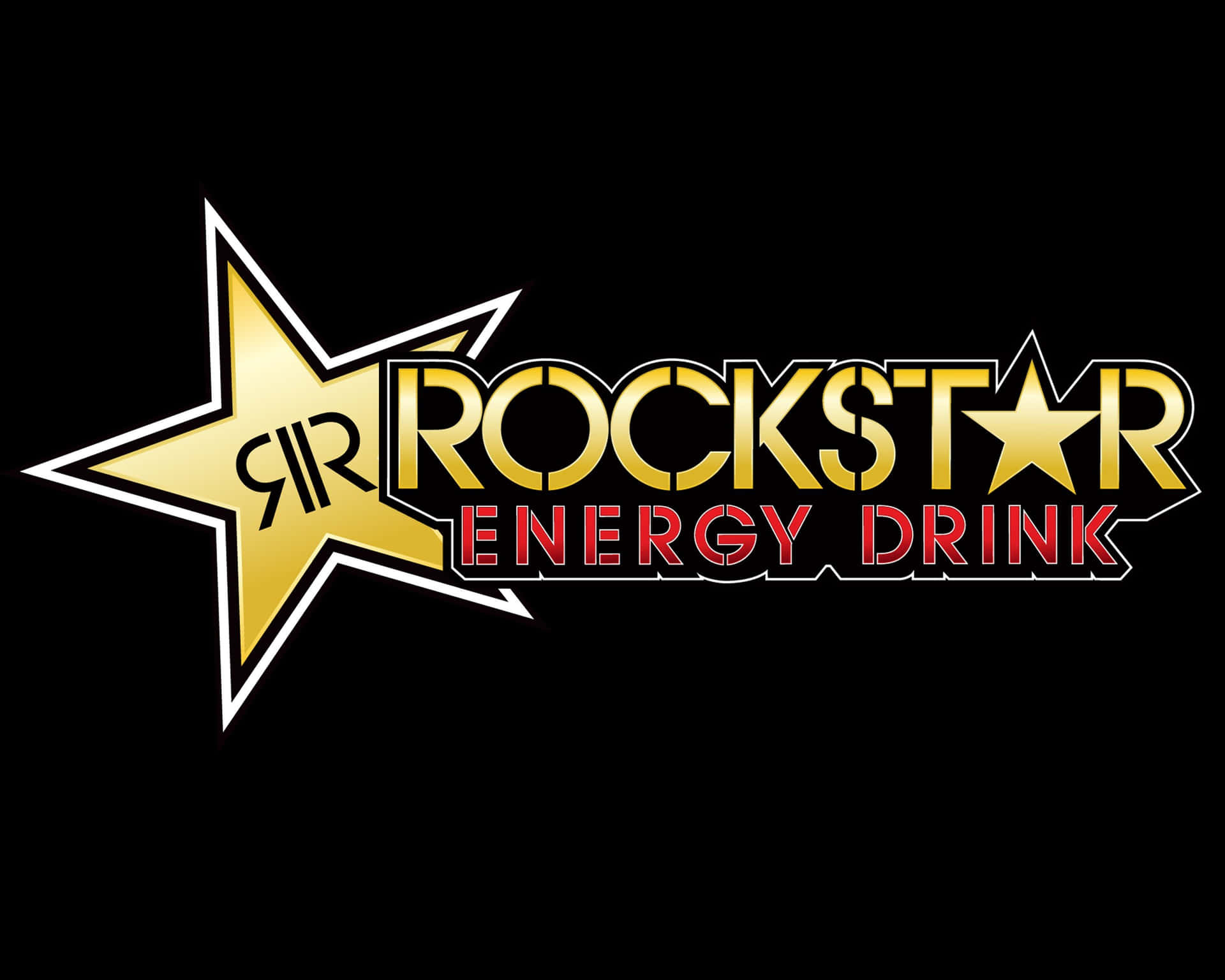 Rockstar Energy Drink標誌，金色星星和紅色文字，黑色背景。