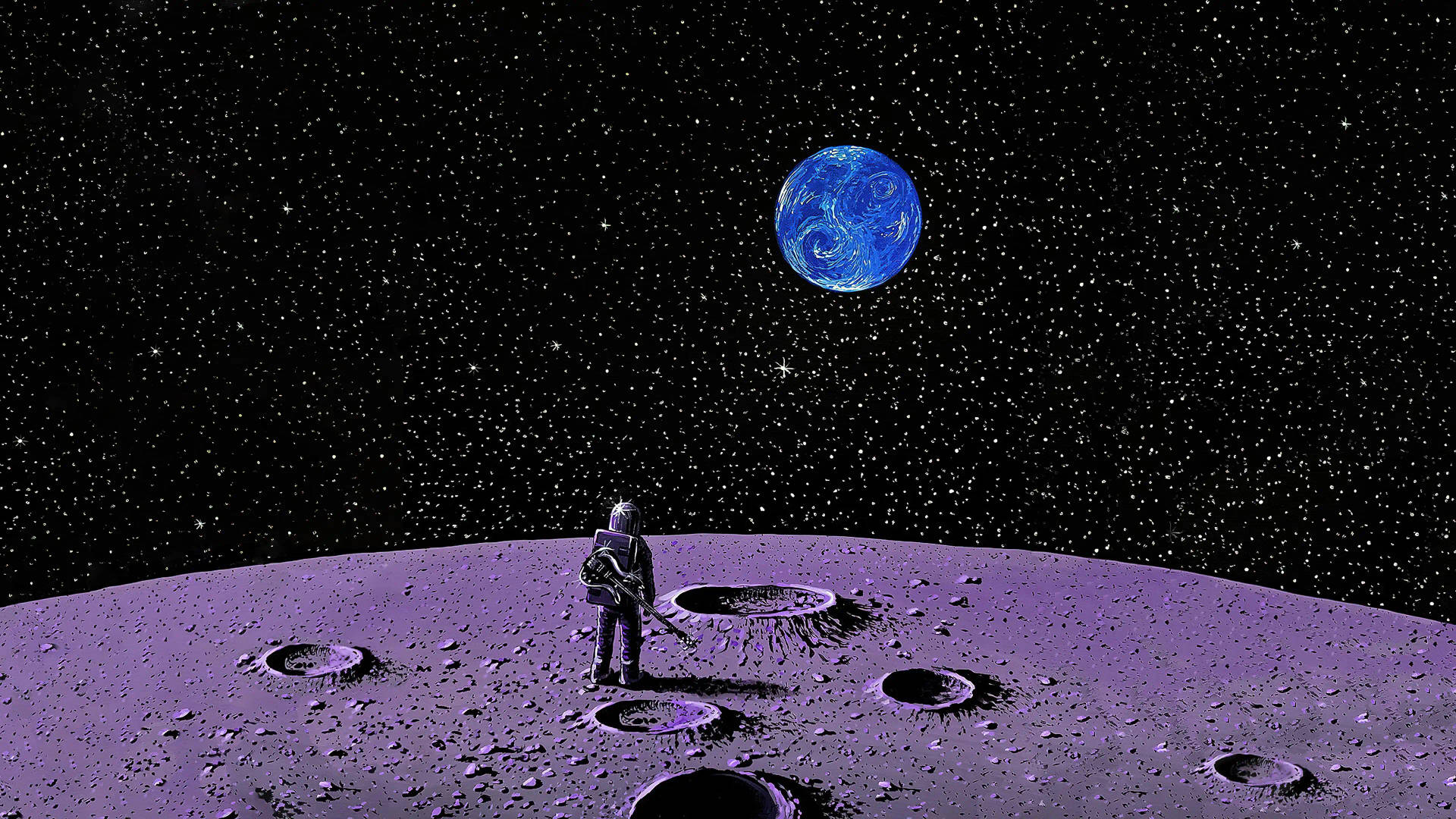 搖滾太空人藝術 壁紙 — 一名太空人站在紫色佈滿隕石坑的月球上，凝視著一顆在繁星點點黑色天空中旋轉的藍色行星。