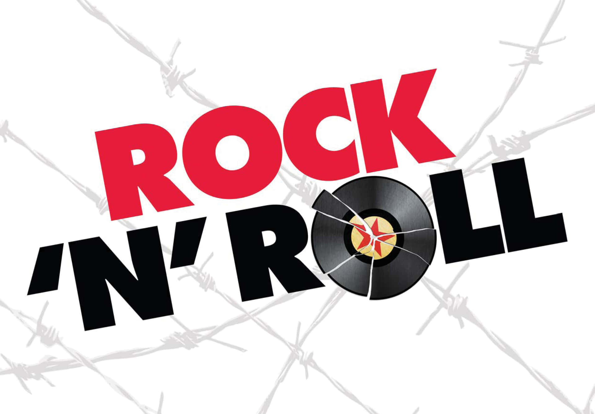 Rock 'n' Roll 文字搭配破裂唱片和鐵絲網設計。