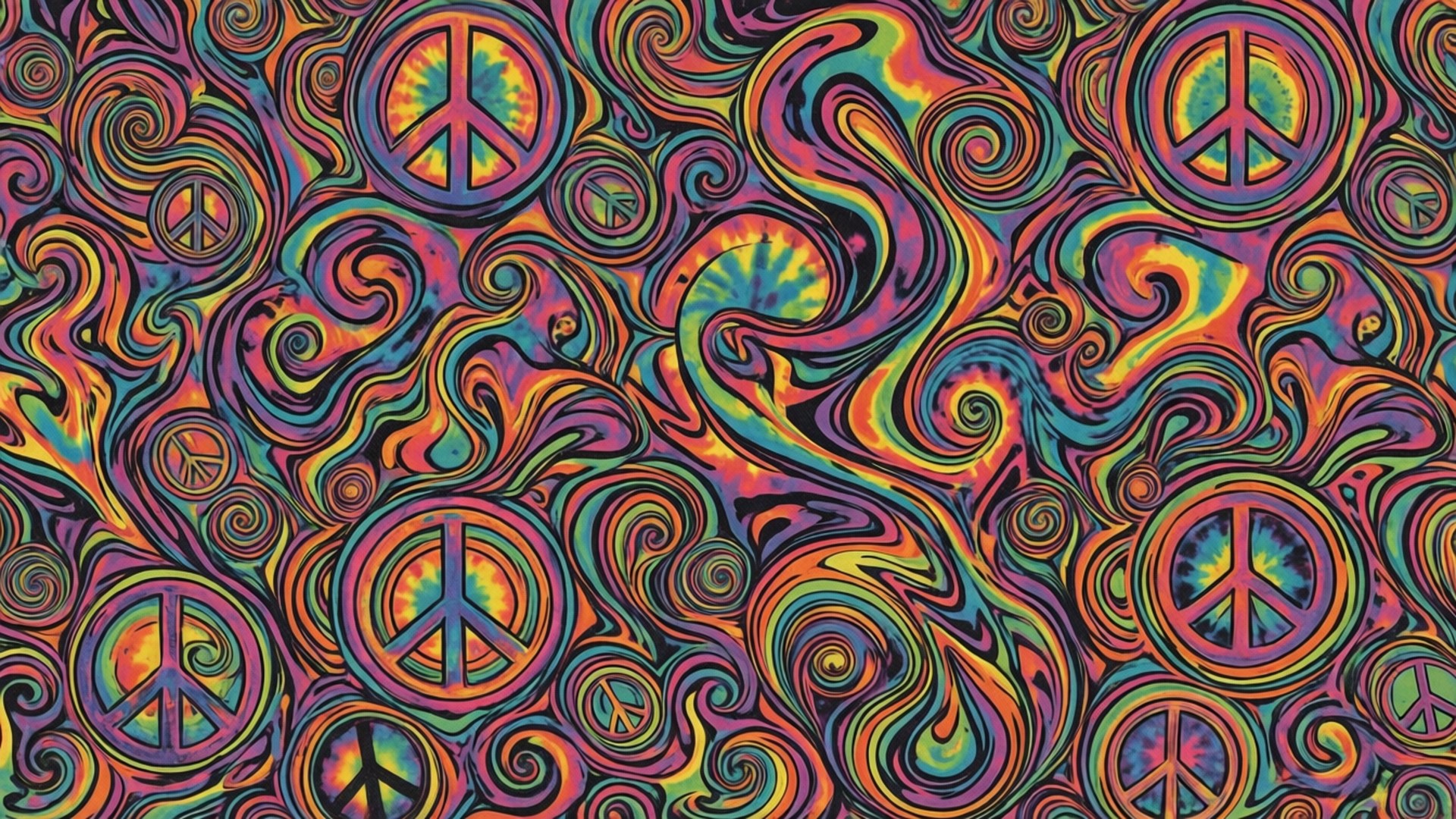 帶有旋轉彩虹圖案和和平符號的迷幻壁紙。