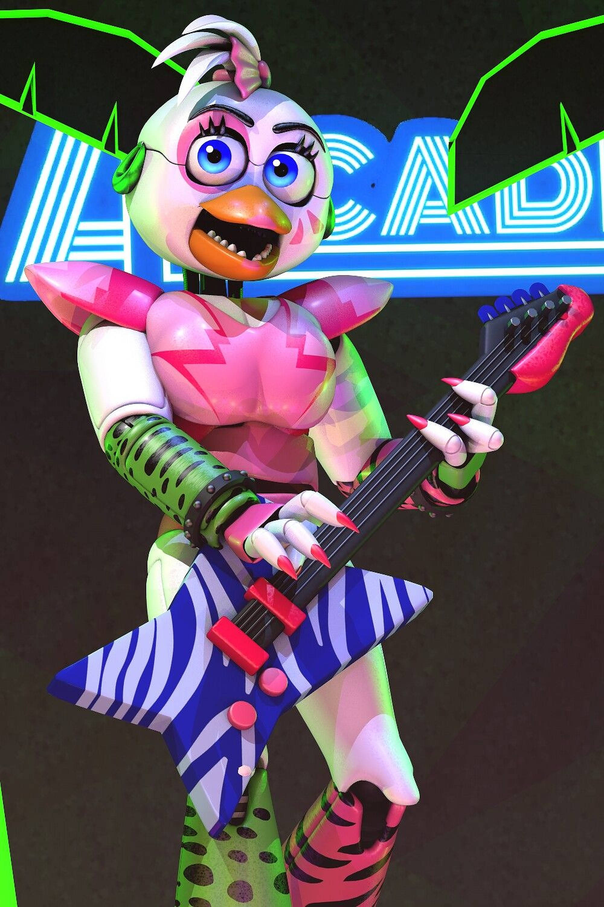 搖滾風 FNAF 小雞 壁紙 — 一隻戴眼鏡、粉紅色頭髮的風格化動畫雞在霓虹燈下彈奏星形結他。