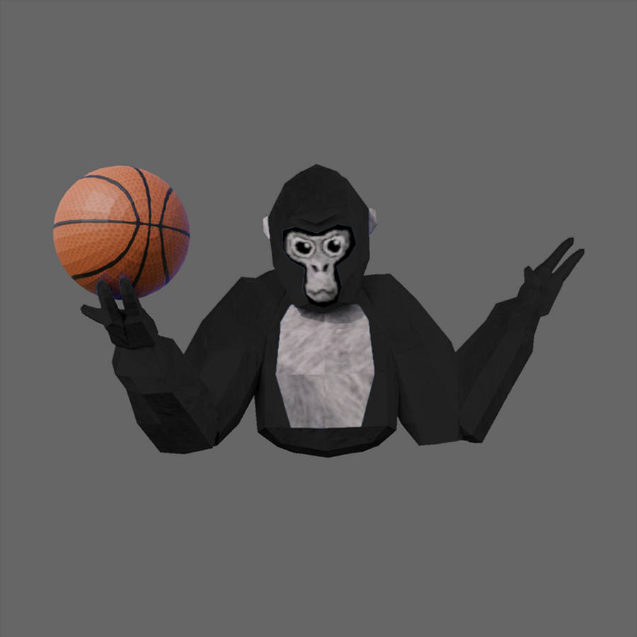 搖頭白猩猩Gorilla Tag頭像 壁紙 — 一隻低多邊形大猩猩用一隻手拿著橙色籃球，背景是純灰色，另一隻手做手勢。