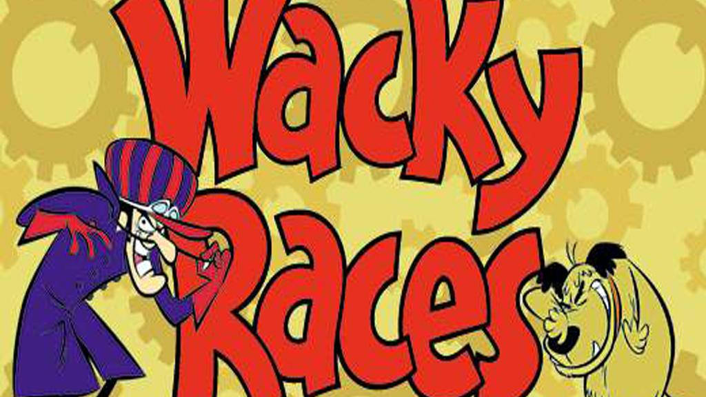 Wacky Races 卡通標誌，附有兩個人物和齒輪背景。