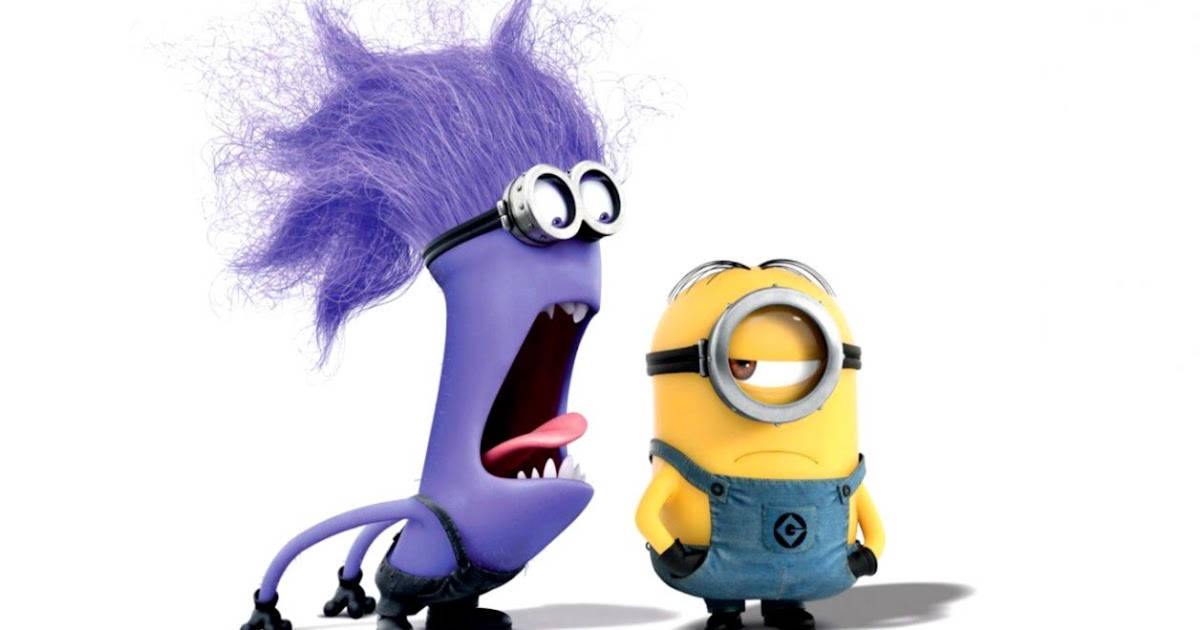 搗蛋的惡魔小兵 壁紙 — 一個紫色頭髮的Minion，頭髮狂野，尖叫著，而一個黃色Minion在白色背景旁茫然地凝視著。