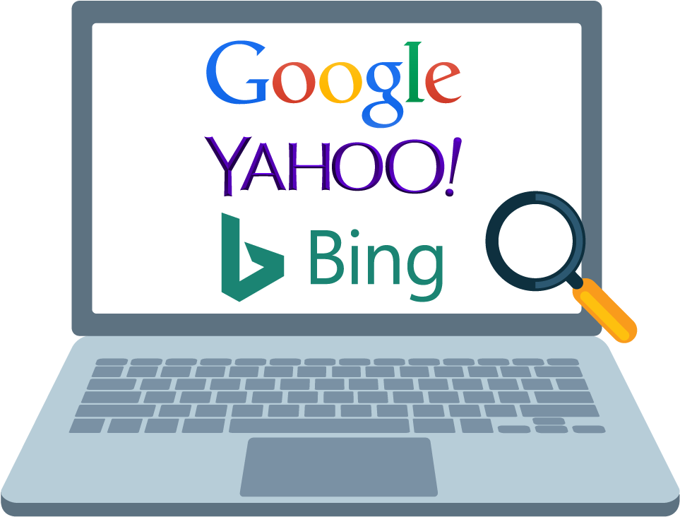 搜尋引擎比較 - 筆記型電腦 壁紙 — 手提電腦屏幕顯示Google Yahoo和Bing標誌，旁邊有一個放大鏡懸浮着。