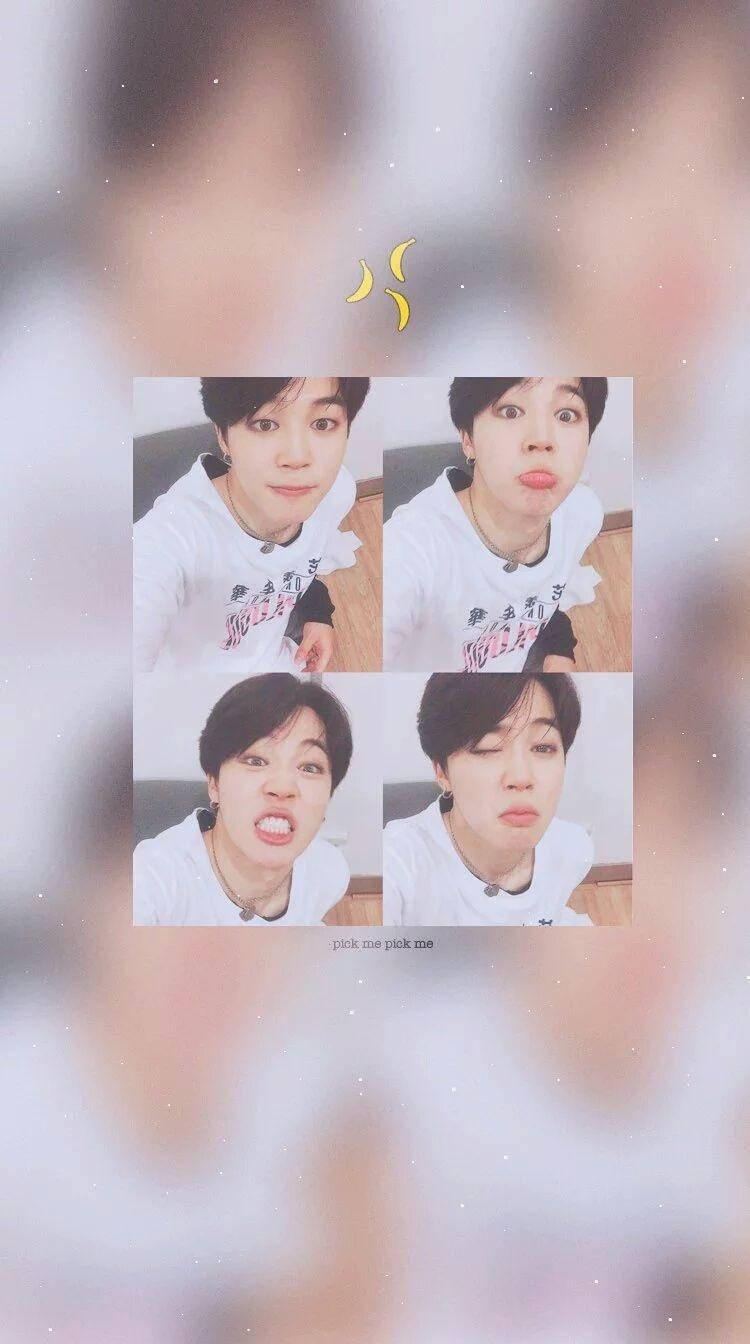搞怪Jimin美學壁紙 壁紙 — 四張趣味自拍，一名身穿白色連帽衫的年輕男子在柔和的模糊背景中做鬼臉，背景有閃光和彎月。