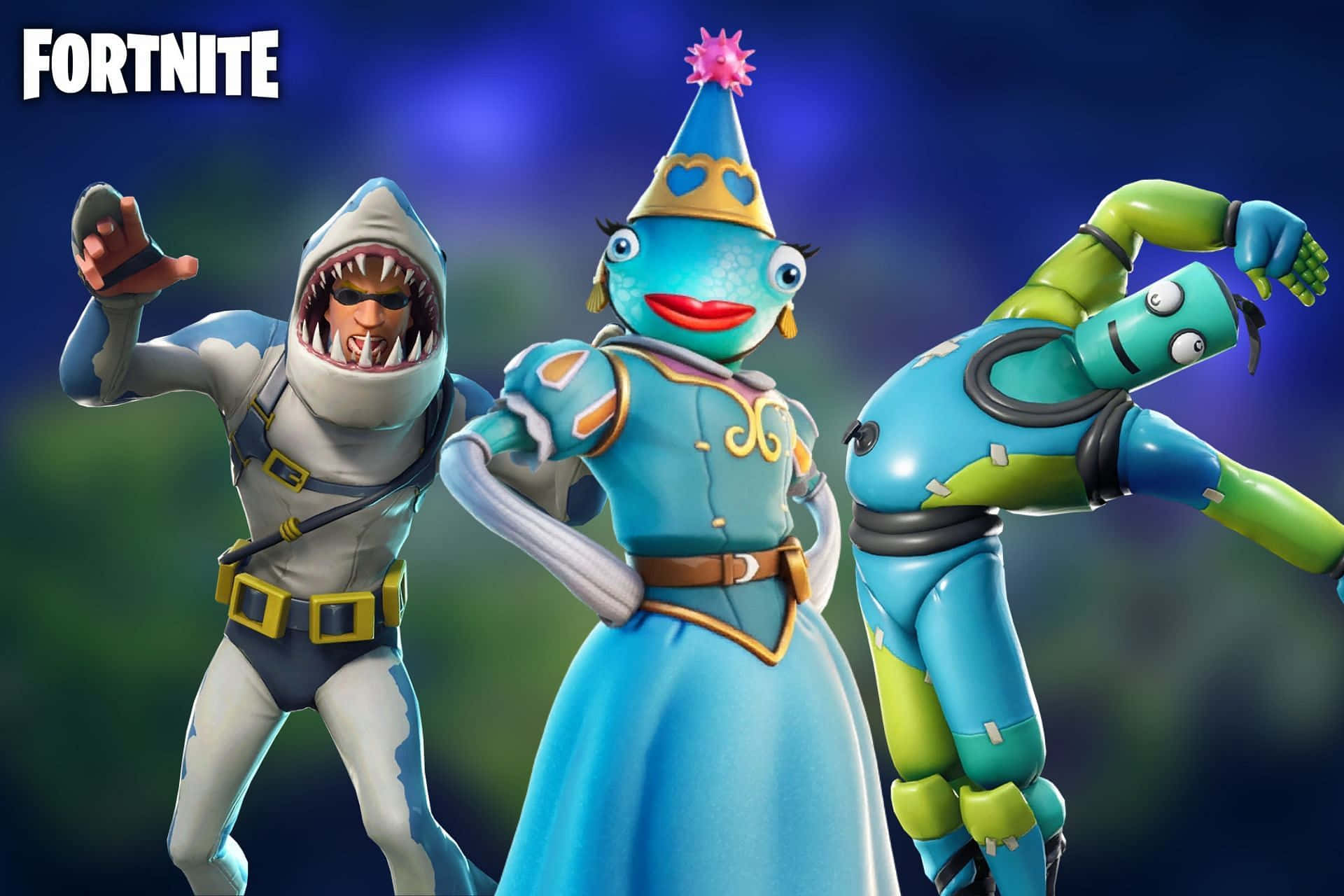 搞笑《Fortnite》中世紀主題角色圖 壁紙 — 三個《要塞英雄》角色穿著色彩繽紛的服裝，在模糊的藍綠色背景前動態擺姿勢。