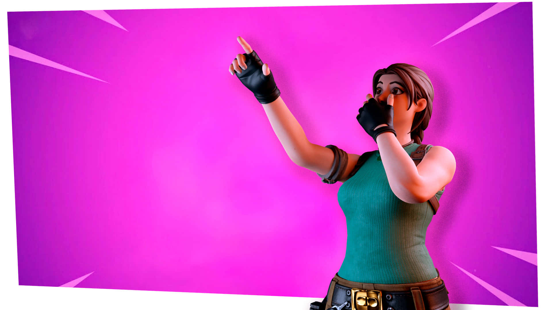 搞笑《Fortnite》女角色指向上方圖 壁紙 — 一個風格化的女性電子遊戲角色，身穿青綠色上衣和黑色手套，在帶有白色條紋的鮮豔粉紅色背景上向上指。
