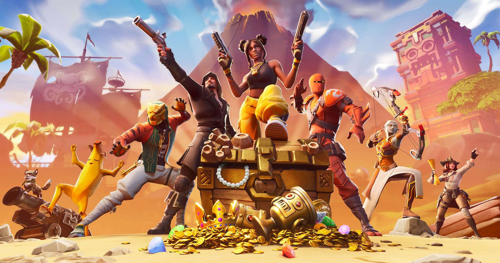 搞笑《Fortnite》沙漠場景角色圖 壁紙 — 充滿活力的卡通冒險家在熱帶島嶼環境中，在一個裝滿金幣的寶箱上慶祝。