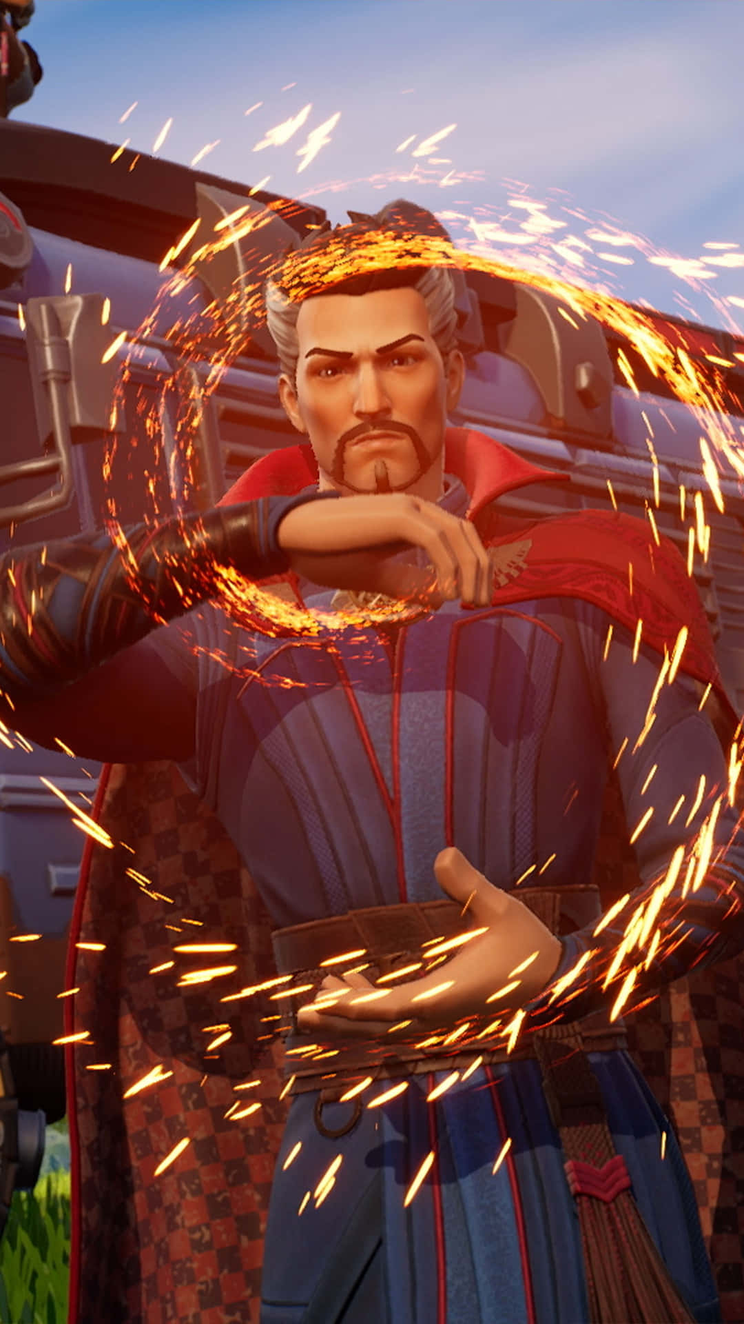 搞笑《Fortnite》漫威史塔克博士皮膚圖 壁紙 — 一位身穿紅色斗篷的數碼藝術巫師在動態動漫風格場景中引導熾熱火花。