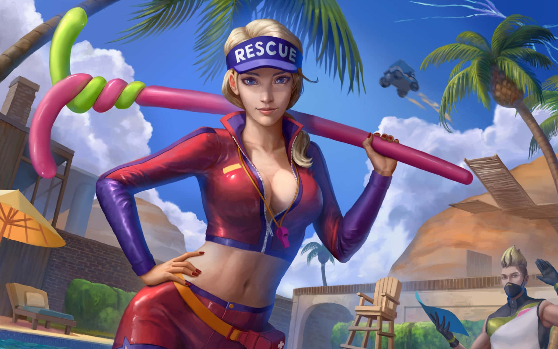 搞笑《Fortnite》美女角色圖 壁紙 — 一位自信的女性救援特工，身穿閃亮的紅色和紫色服裝，在棕櫚樹下拿著一個巨大的粉紅色和綠色麵條武器。