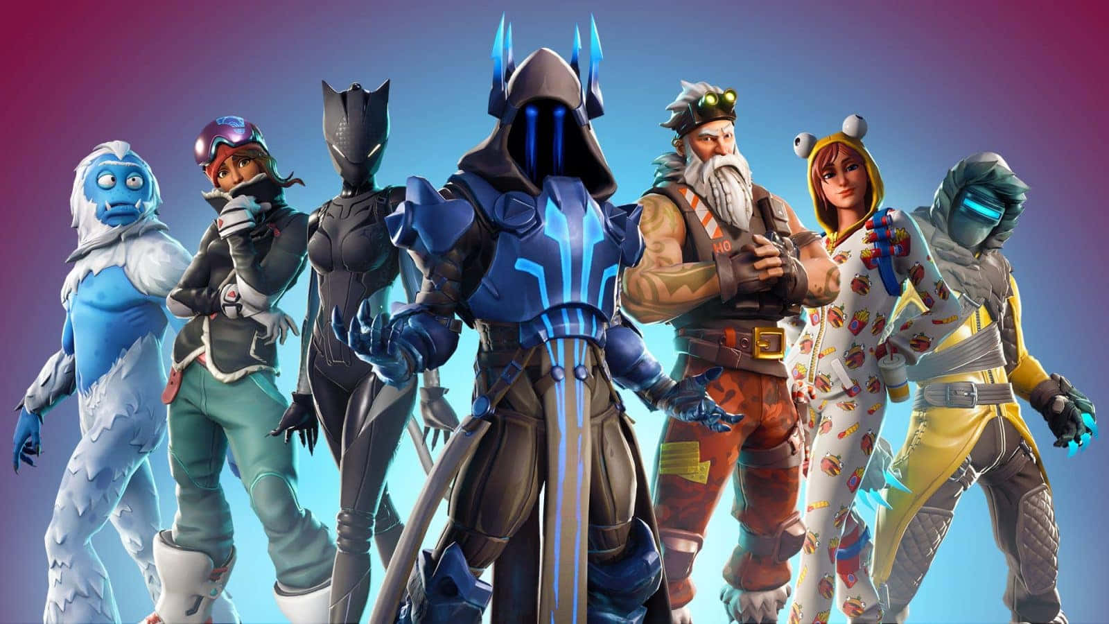 搞笑《Fortnite》角色皮膚圖 壁紙 — 七個不同的Fortnite角色穿著色彩繽紛的服裝，自信地站在紫色和藍色的漸變背景前。