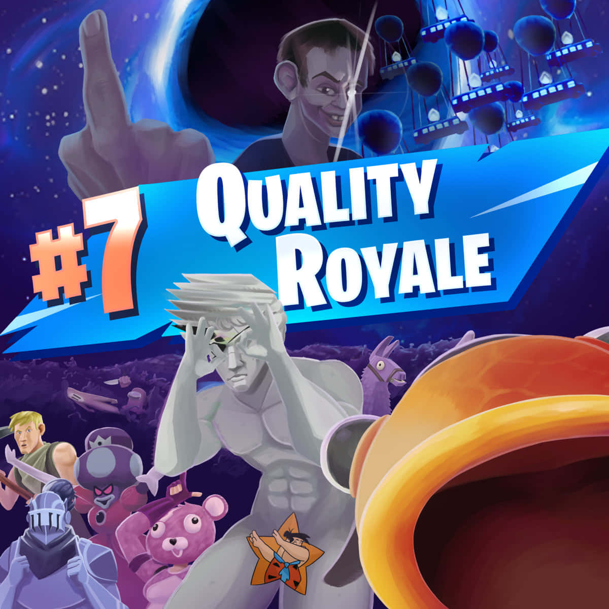 搞笑《Fortnite》角色藝術圖 壁紙 — 一張充滿活力的數碼藝術海報，以卡通角色和一隻巨手為特色，背景是宇宙藍色，帶有 '#7 QUALITY ROYALE' 文字。