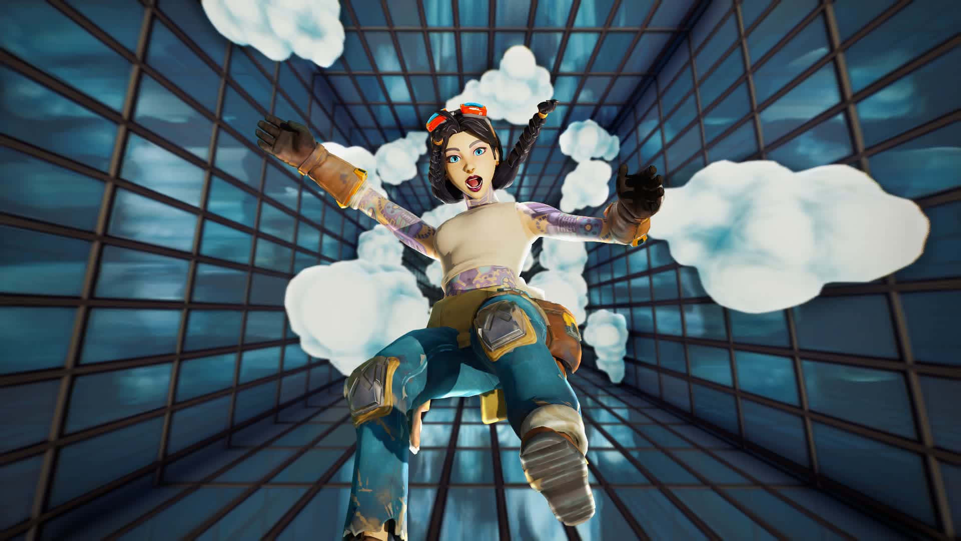 搞笑《Fortnite》角色雲朵背景圖 壁紙 — 一個戴護目鏡和紋身的風格化女性角色，在一個高聳的玻璃結構內，快樂地漂浮在雲層之間。