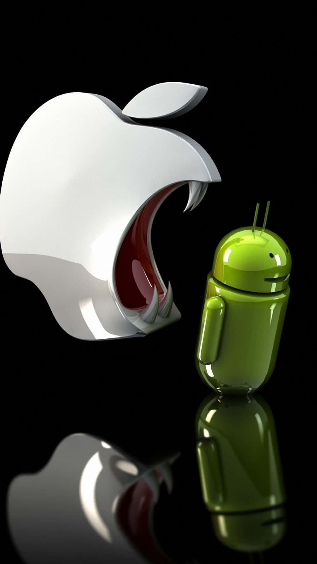 帶牙齒的Apple標誌在反光黑色背景上與Android機械人對峙