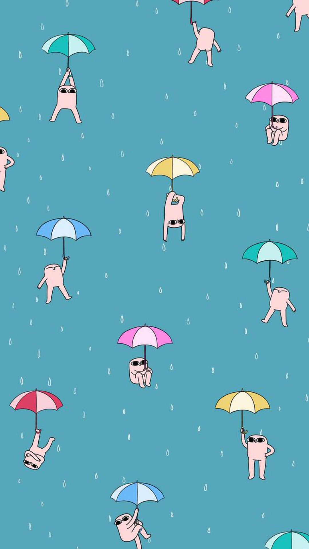 粉紅色卡通人物戴著太陽眼鏡，在雨中漂浮，手持彩色雨傘。 — 搞笑美學 壁紙