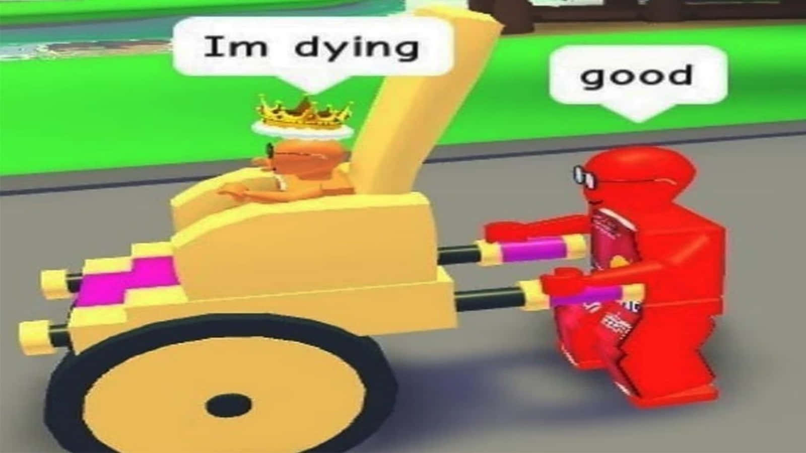 搞笑 Roblox 段子圖 壁紙 — 一個紅色方塊角色推著一輛黃色手推車，車上有一個戴著皇冠的橙色人物，拿著紫色物品大喊「我要死了」。