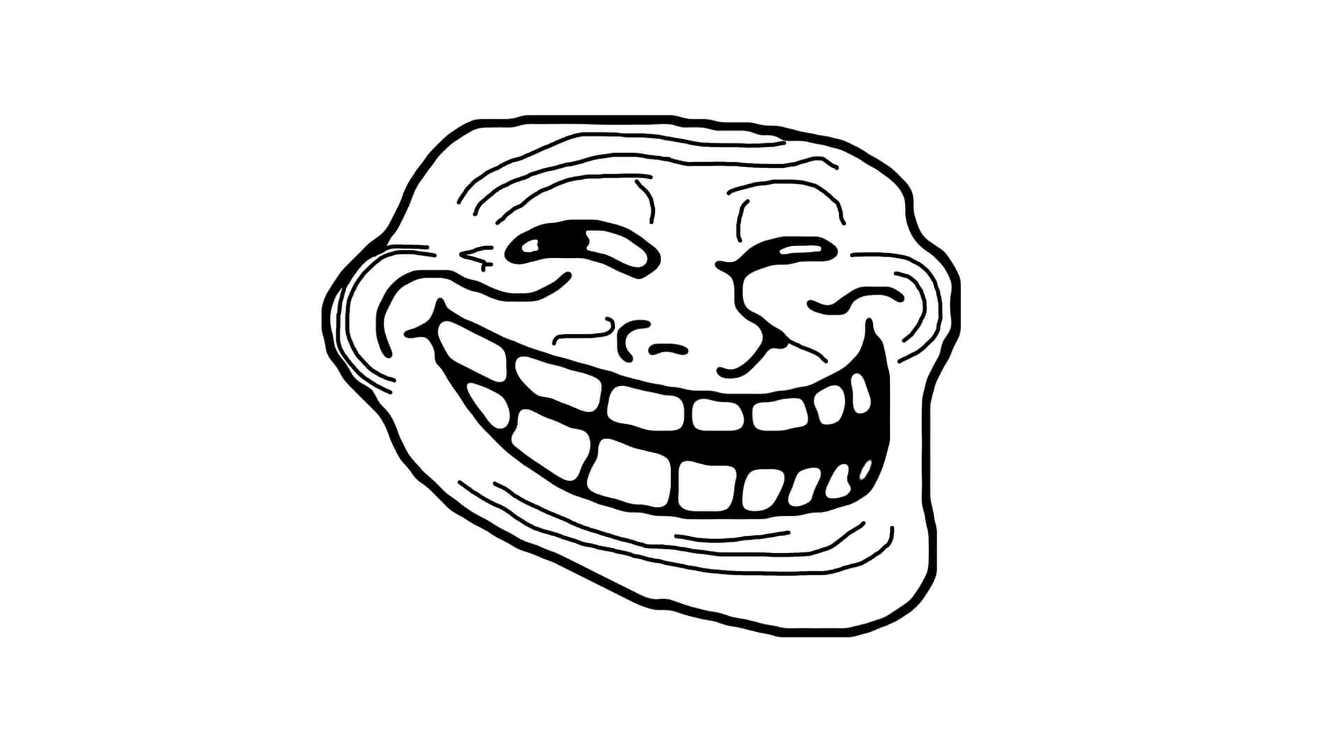 Troll 臉卡通，黑白線條藝術，寬闊笑容和瞇起眼睛。