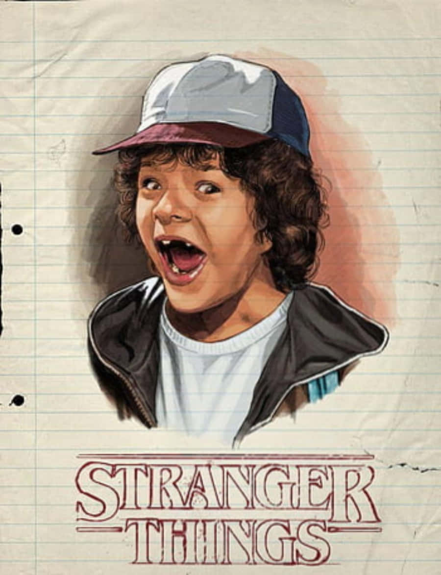 在筆記簿紙上繪製的戴帽子和外套的驚訝男孩插圖，附有Stranger Things標題。