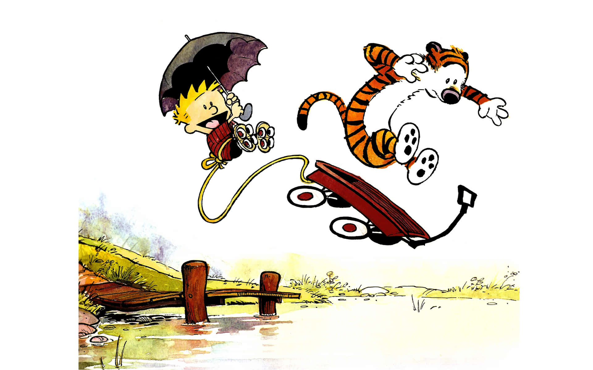 搞笑Calvin與Hobbes畫面 壁紙 — 卡爾文和老虎從木碼頭附近的紅色馬車發射後，在空中歡快地跳躍。